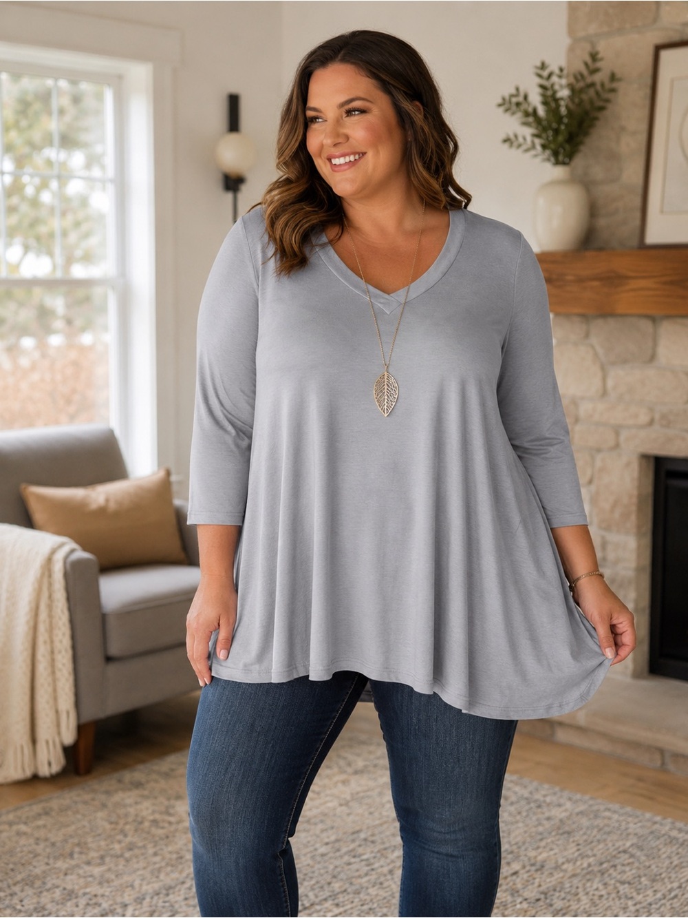 Azules Gray V-Neck Swing Tunic Top XL Made in USA Soft Stretch Rayon 3/4 Sleeve
